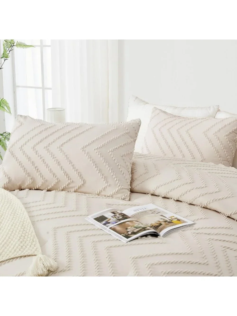 Boho King Size Comforter Set - 3 Piece Soft Cream Beige Bedding Collection